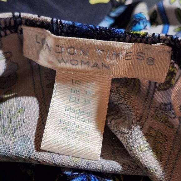 London Times Dress Women's 3X Midi Shift 3/4 Sleeves Navy Floral Bohemian Boho - Picture 2 of 6